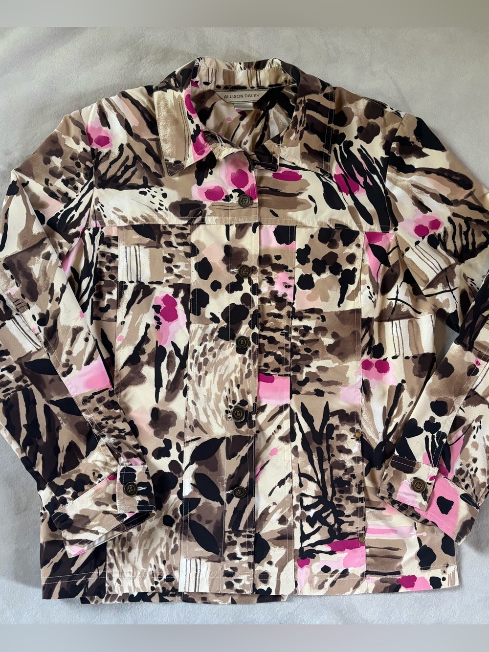Allison Daley Abstract Print Jacket Blazer Button Front Pink Brown Size 12 Chic